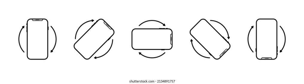 Rotate phone. Icons of rotate of mobile phones. Flip smartphone. Pictogram of turn of device on 360. Screen of cellphone for app. Vertical or horizontal rotation and orientation. Vector.