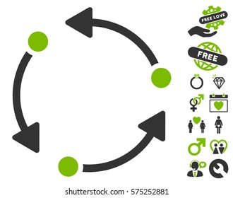 Rotate pictograph with bonus decorative pictograph collection. Vector illustration style is flat rounded iconic eco green and gray symbols on white background.