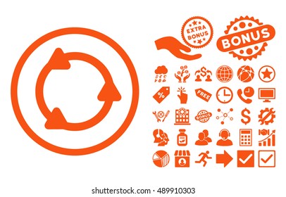 Rotate pictograph with bonus icon set. Vector illustration style is flat iconic symbols, orange color, white background.