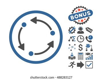 Rotate pictograph with bonus images. Vector illustration style is flat iconic bicolor symbols, cobalt and gray colors, white background.