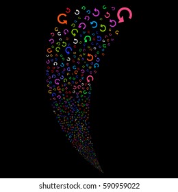 Rotate random fireworks stream. Vector illustration style is flat bright multicolored iconic symbols on a black background. Object fountain made from scattered icons.