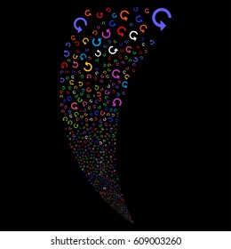 Rotate random fireworks stream. Vector illustration style is flat bright multicolored iconic symbols on a black background. Object fountain organized from scattered symbols.