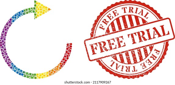 Rotate right arrow mosaic icon of circle spots in different sizes and spectrum color tones. Red round grunge stamp with Free Trial message.