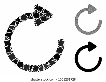 Rotate right mosaic of uneven elements in different sizes and color tinges, based on rotate right icon. Vector trembly elements are composed into mosaic.
