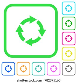 Rotate right vivid colored flat icons in curved borders on white background
