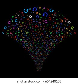 Rotate salute stream. Vector illustration style is flat bright multicolored iconic symbols on a black background. Object explosion fountain organized from random pictographs.
