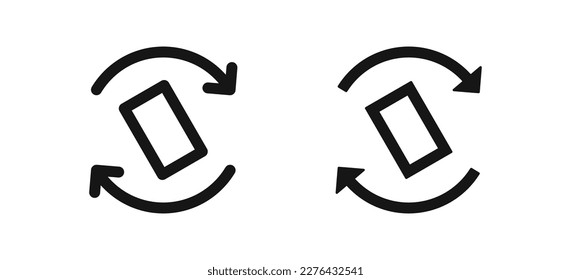 Rotate screen icon. Turn phone symbol. Tilt device signs. Rotation button symbols. Horizontal and vertical icons. Black color. Vector isolated sign.