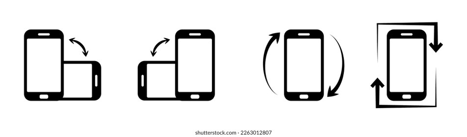 Rotate smartphone icon set. Mobile screen rotation. Horizontal rotation icons isolated on white background.	