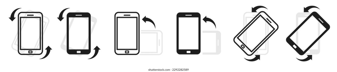 Rotate smartphone icon set. Mobile screen rotation. Horizontal rotation icons isolated on white background. Vector illustration.