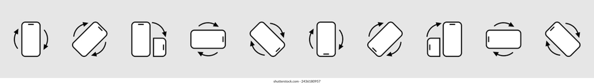  Gira el conjunto de iconos del smartphone. Gire el teléfono alrededor de la colección de iconos.Señal de rotación del dispositivo.Gire el símbolo del teléfono. Vector