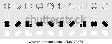  Rotate smartphone icon set. Turn phone around icon collection.Device rotation sign.Rotate phone symbol. Vector
