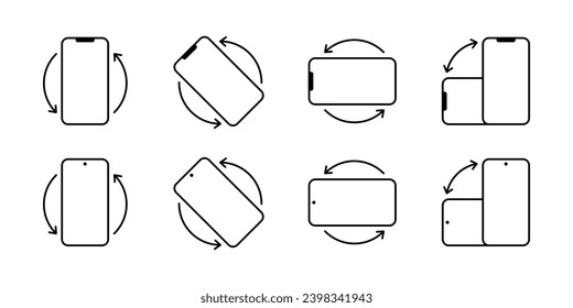 Rotate smartphone icons isolated on white background. Mobile screen rotation. Turn your device. Vector line style illustration for website and app