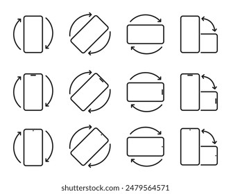 Rotate smartphone icons isolated on white background. Mobile screen rotation. Turn your device. Phone Horizontal or vertical rotation icons Vector line style illustration for website and app