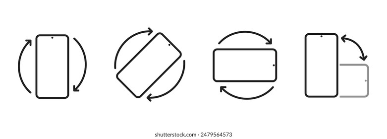 Girar iconos de smartphone aislados sobre fondo blanco. Rotación de pantalla móvil. Gire el dispositivo. Ilustración de estilo de línea de Vector de iconos de rotación Horizontal o Vertical del teléfono para Sitio web y App