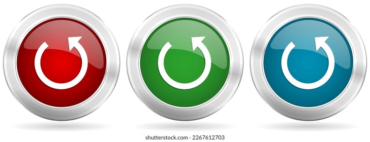 Rotate vector icon set. Red, blue and green silver metallic web buttons with chrome border