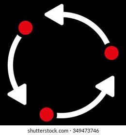 Rotate vector icon. Style is bicolor flat symbol, red and white colors, rounded angles, black background.