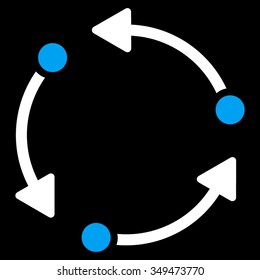 Rotate vector icon. Style is bicolor flat symbol, blue and white colors, rounded angles, black background.