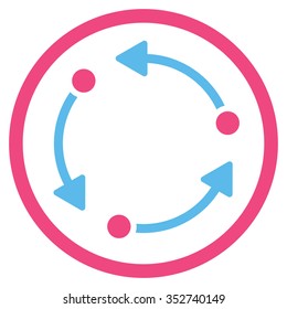 Rotate vector icon. Style is bicolor flat circled symbol, pink and blue colors, rounded angles, white background.