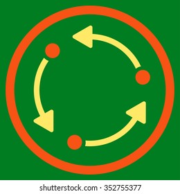 Rotate vector icon. Style is bicolor flat circled symbol, orange and yellow colors, rounded angles, green background.