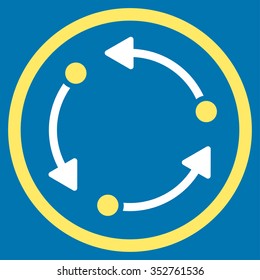 Rotate vector icon. Style is bicolor flat circled symbol, yellow and white colors, rounded angles, blue background.