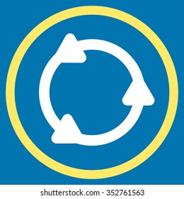 Rotate vector icon. Style is bicolor flat circled symbol, yellow and white colors, rounded angles, blue background.