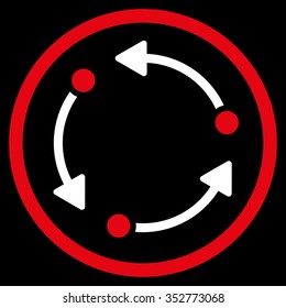 Rotate vector icon. Style is bicolor flat circled symbol, red and white colors, rounded angles, black background.