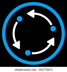 Rotate vector icon. Style is bicolor flat circled symbol, blue and white colors, rounded angles, black background.