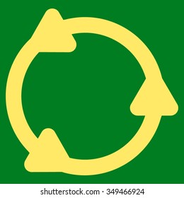 Rotate vector icon. Style is flat symbol, yellow color, rounded angles, green background.