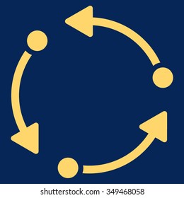 Rotate vector icon. Style is flat symbol, yellow color, rounded angles, blue background.