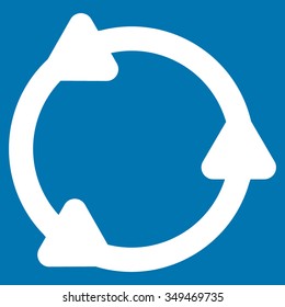 Rotate vector icon. Style is flat symbol, white color, rounded angles, blue background.