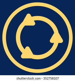Rotate vector icon. Style is flat circled symbol, yellow color, rounded angles, blue background.