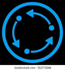 Rotate vector icon. Style is flat circled symbol, blue color, rounded angles, black background.