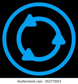 Rotate vector icon. Style is flat circled symbol, blue color, rounded angles, black background.