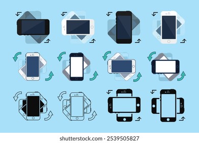 Rotate Your Phone vector Illustration in a flat, solid, and outline styles. Instruction of how to see apps in portrait or landscape mode on the phone. The web, telephone, and screen different
