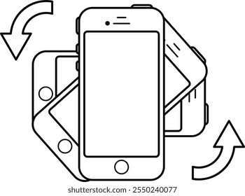 Gire la Ilustración vectorial de su teléfono en un estilo de contorno. Instrucción de cómo ver a los App en modo vertical u horizontal en el teléfono. El Web, el teléfono y la pantalla de diferentes Orientaciones con un