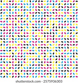 Rotated CMYK colours parallelograms halftone pattern. An arrangement of colourful quadrilateral symbols. Isolated on a white background.