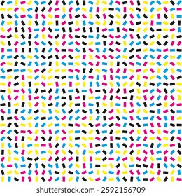 Rotated CMYK colours rectangles halftone pattern. An arrangement of colourful rectangular symbols. Isolated on a white background.