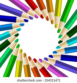 Rotated color pencils in arrange in color wheel colors on white background. Vector illustration