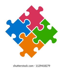 Rotated four pieces of jigsaw puzzle or teamwork concept flat vector color icon for apps and websites