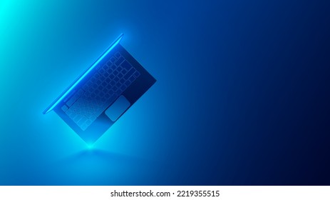 Rotated laptop balances on corner. Keyboard view on laptop on blue background. Conceptual illustration of Computer technology. Notebook angled  top view. the electronic device shines with its screen.