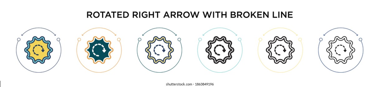 Rotated right arrow with broken line icon in filled, thin line, outline and stroke style. Vector illustration of two colored and black rotated right arrow with broken line vector icons designs can be