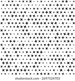 Rotated, rounded, different-sized stars halftone. An alternating pattern of black shapes. Isolated on a white background.