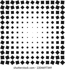 Rotated square silhouette shapes halftone pattern. A linear arrangement of tilted, black squares. Isolated on a white background.