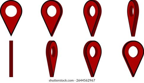 Rotating 3D Style Red Location Pointer Pin or You Are Here Marker Hotspot Symbol Sign Icon with a Hole Sprite Sheet Set for Game and UI App Map Animation. Vector Image.