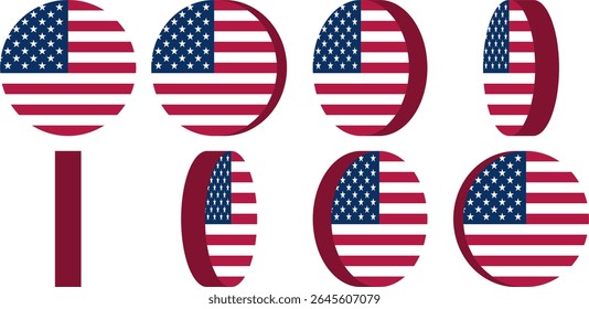 Rotating 3D Style Round Circle USA United States of America US American Flag Badge Icon Sprite Sheet for Game and App UI Animation. Vector Image.