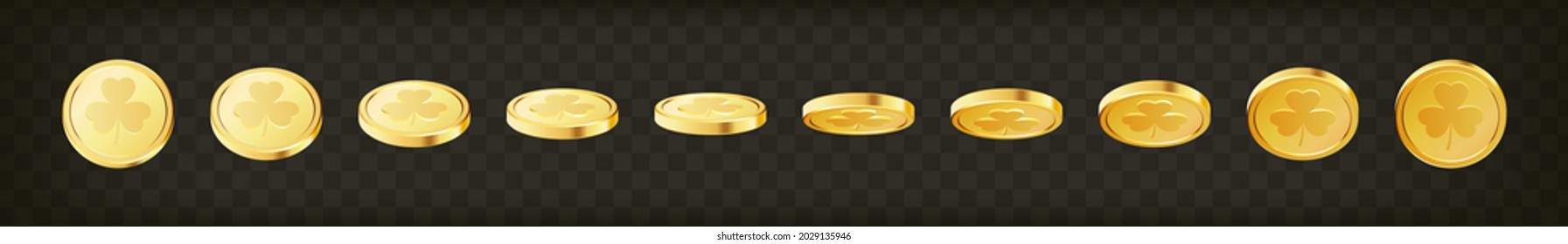 Rotating 3d three leaf clover golden coins on isolated transparent background.Saint Patrick's Day coins, Patrick's Day symbols. Lucky clover coins.