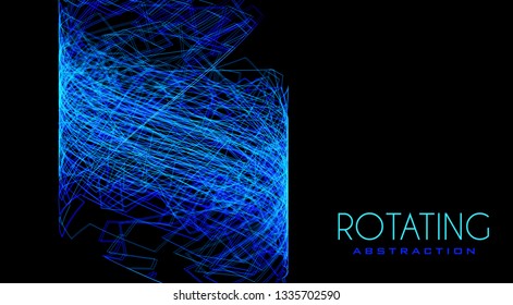 Rotating abstraction by thin blue tangled lines on black background. Complicated vector graphic structure. Futuristic design