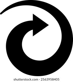 Rotating arrow completing a full turn, symbolizing reload or reset, presented as a clean black and white vector illustration with a minimalistic design
