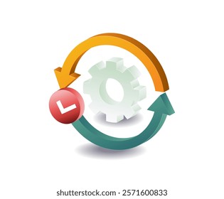 Rotating arrow with gears process concept symbol