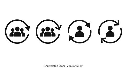 Rotating arrow and person icon set. Person in circular arrows icon.